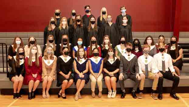 New inductees in the Gray Stone National Honor Society, front row, from left, are: Hannah Laughter, Katherine Jolly, Corbin Barber, Justice Alley, Emma Shue, Malei Sullivan, Hattie Cope, Will Rummage, Andy McLeod and Jobey Swaringen; second row: Lannah Huneycutt, Sydney Griggs, Lily Efird, Kensi Bell, Aerial Vang, Sarah VanHorn, Ilka Kuleba, Shandon Plyler, Ritka Ravikumar, Carson Prince, Angelina Pierson, and Abigail Burnette. Not pictured is Quentin Hippert; second year members, back row, from left: Brooke Boger, Georgia Burleson, Stephanie Varbanov Margaret Huckabee, Jackie Steenwyck, Anna Rinaggio, Angelina Lappin, Reagan Gulledge, Ian Shank, Katelyn Griggs and James Moser. Not pictured is Ethan Wilkins.