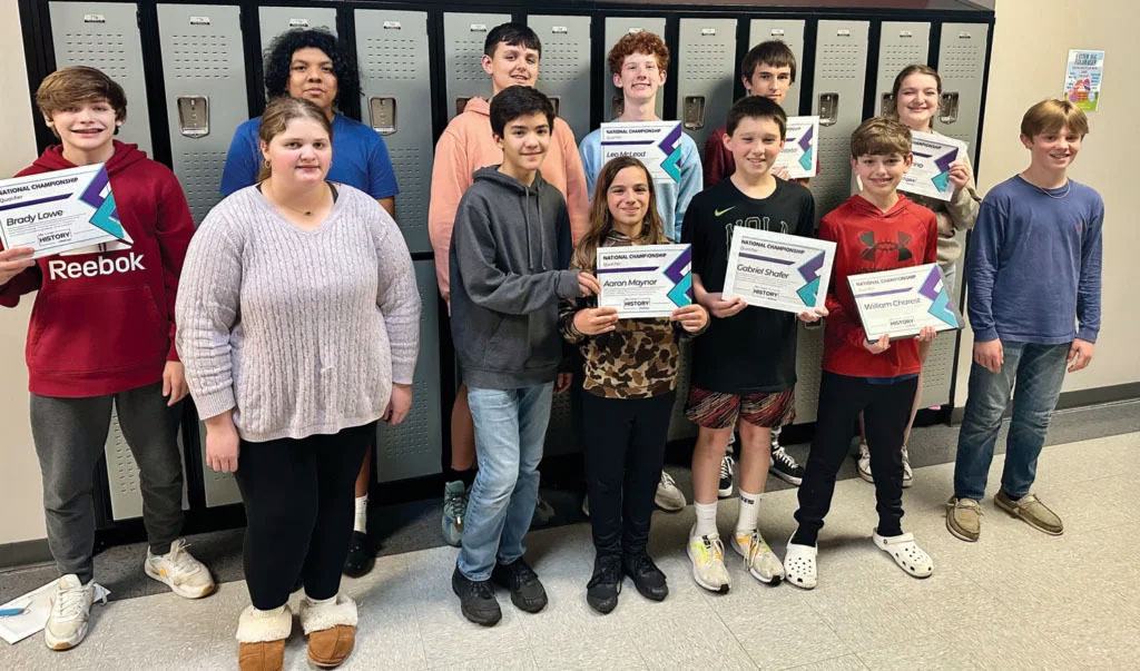 Gray Stone participants in the Great History Challenge at the regional competition, from left, front row, are: Rachel Travis, Michael Bristol, Aaron Maynor, Gabriel Shafer, Will Charest, Wyatt Gilbeau; back row: Brady Lowe, Giovanny Pano, Bex Mason, Leo McLeod, Gabriel Webster, Anna Lynne Marino. Not pictured: Rose Brookshire.